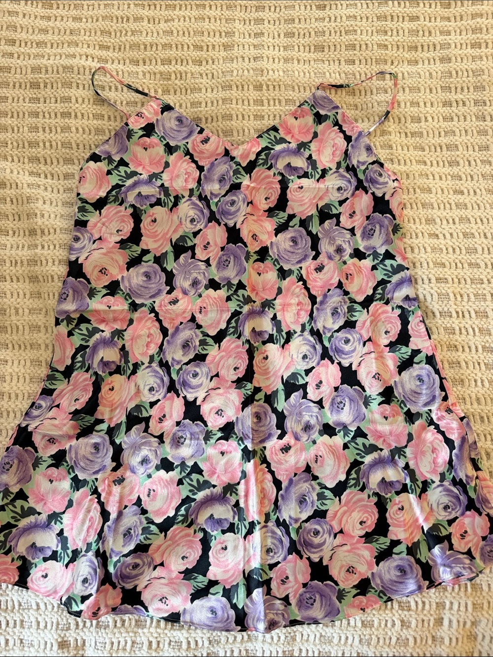 NWOT Vintage Kathryn Floral Rose Slip Dress/Nightgown Sz L Black Pink Purple